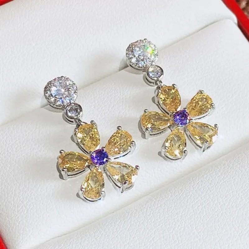 Fashion Bridal Wedding Earrings Jewelry Gifts Silver Plated Lab Diamond Gemstone Citrine Flower Drop Earrings