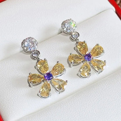 Fashion Bridal Wedding Earrings Jewelry Gifts Silver Plated Lab Diamond Gemstone Citrine Flower Drop Earrings