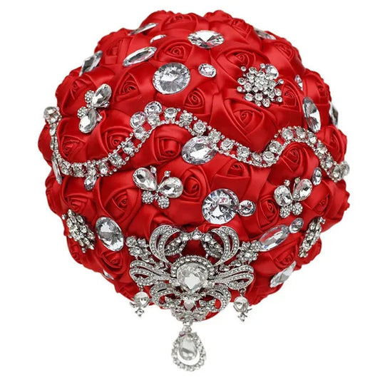 Shiny Luxury Rhinestone Brooch Pendant Wedding Bouquet 21CM Silk Rose Flower Diamond Bridal Bouquet Handmade Bridesmaid Holding Flowers