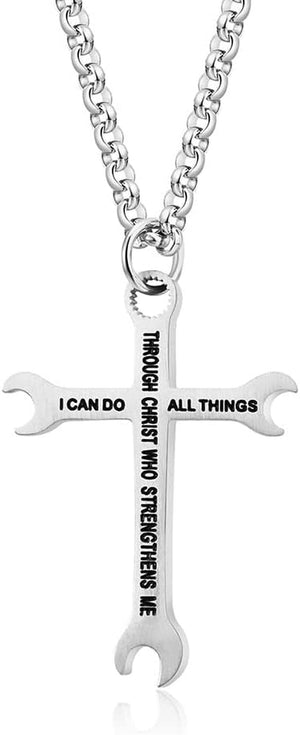 Men Wrench Cross Necklace,Stainless Steel Silver/Gold/Black I Can Do All Things Inspiring Bible Verse Pendant Necklace Christian Jewelry,60Cm Rolo Chain