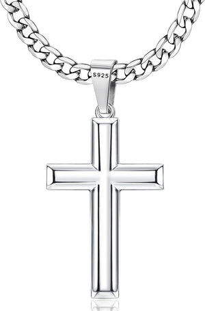 925 Sterling Silver Cross Necklace for Men Women - 5Mm Durable 316L Stainless Steel Cuban Link Curb Chain with Beveled Edge Cross Pendant, Silver Crucifix Necklaces Jewelry, 18-30'' Christian Baptism Gift