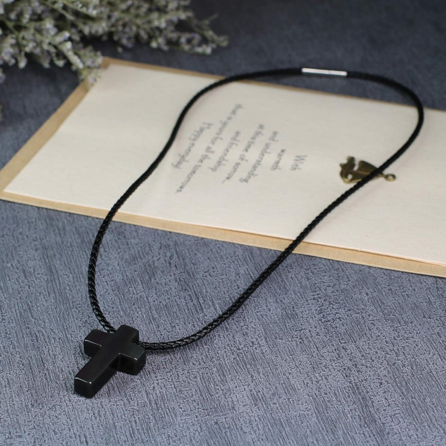 Religious Jewelry Obsidian Stone Cross Pendant Necklace