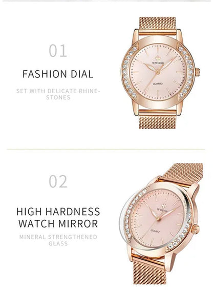 WWOOR Luxury Crystal Ladies Bracelet Watches Top Brand Fashion Women Quartz Watch For Women Rose Gold Mesh Band Wrist Watch Montre Femme
