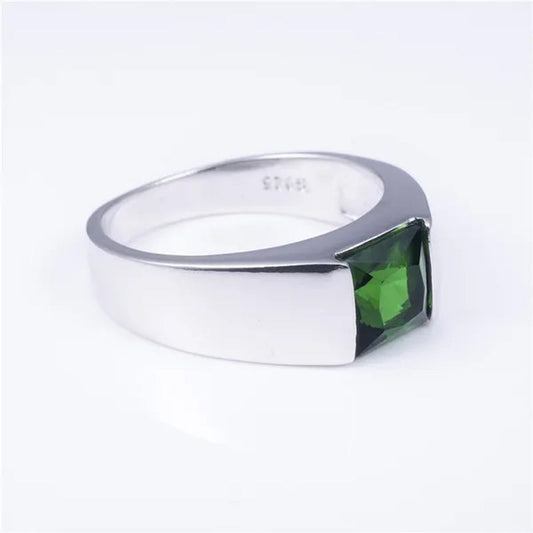 Men'S Eternity 925 Sterling Silver Square Natural Green Gemstone Stone Solitaire Ring Size 8-12
