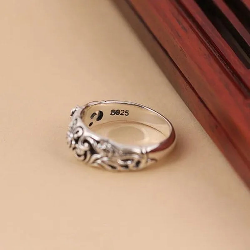 Exquisite Silver-Plated Vintage Silver Black Rose Flower Ring Bride Wedding Party Ring Couple Gift Jewelry (Size: 5-11)
