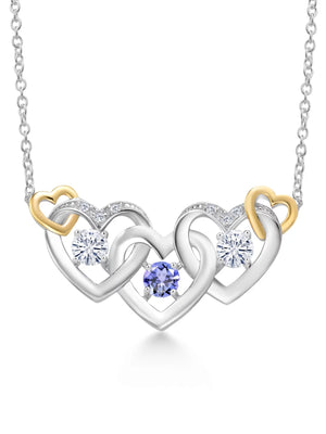 925 Silver and 10K Yellow Gold Blue Tanzanite White Moissanite from Charles & Colvard and White Lab Grown Diamond Heart Shape Pendant Necklace for Women (0.82 Cttw, with 18 Inch Chain)