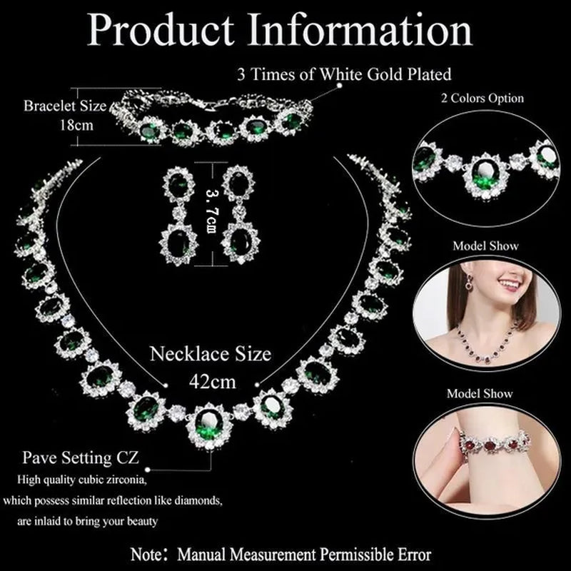 CANDICE Elegant Red Wedding Jewelry Set Micro CZ Stone Paved Oval Crystal Drop Earrings Bracelet and Necklace Sets for Bride