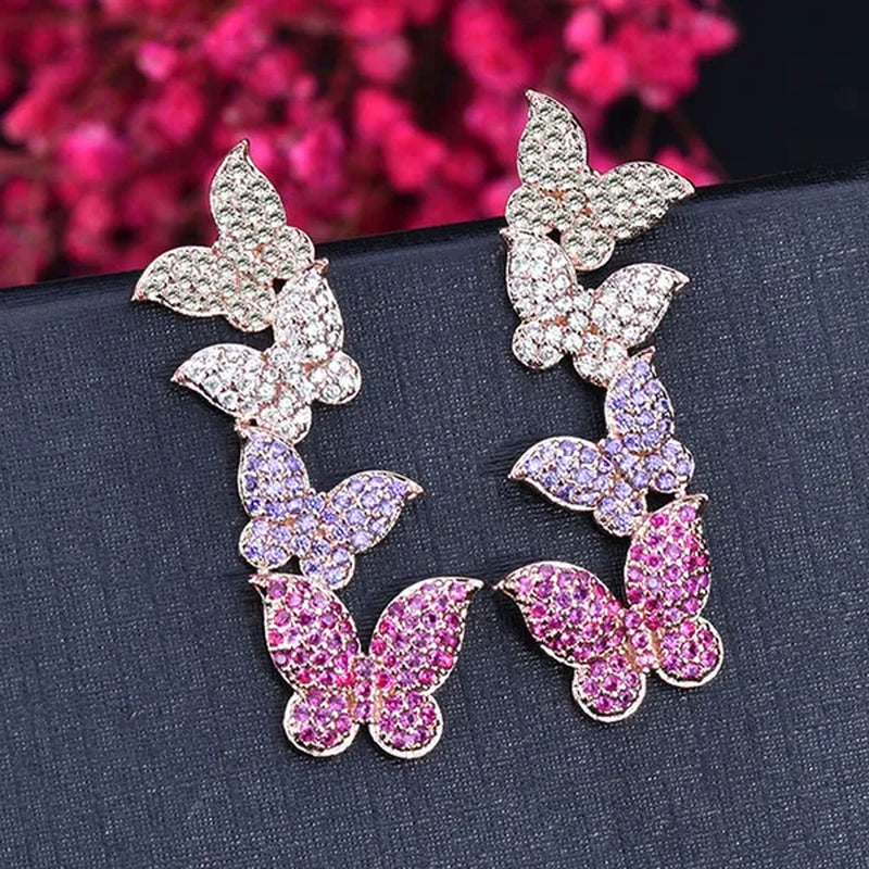 CANDICE Beautiful Butter-fly Drop Full Micro Pave Tiny CZ Long Earrings Lady Fashion 585 Rose Gold Plated Ear Jewelry