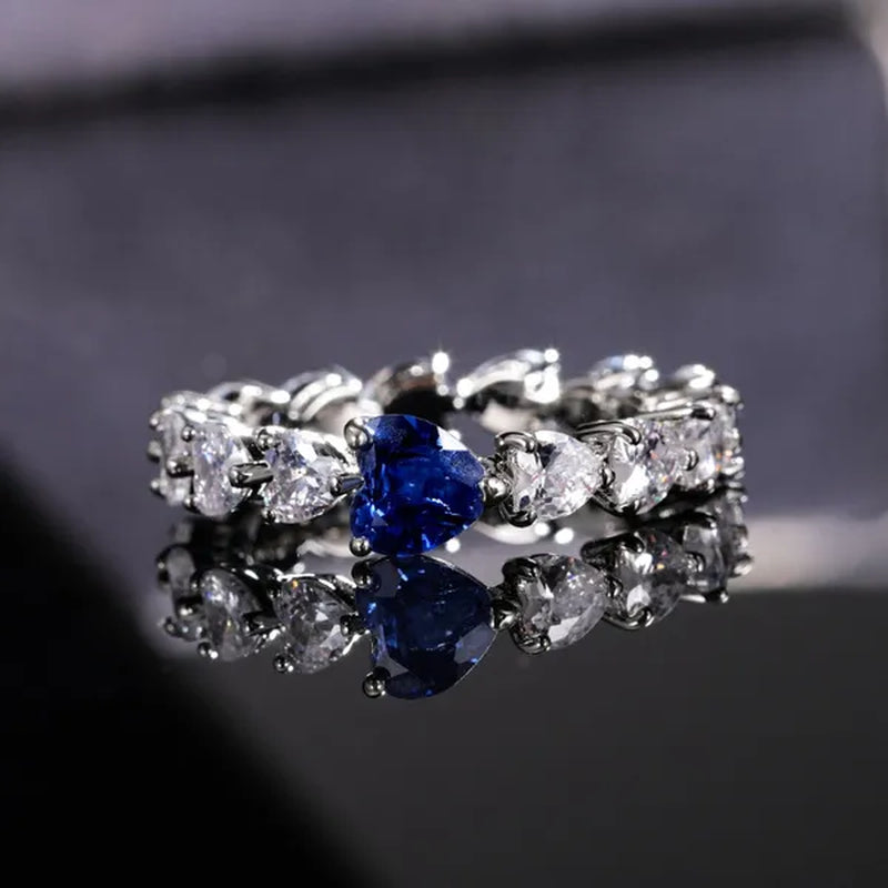 Light Luxury Silver Plated Heart Shaped Natural Blue Sapphire Ring for Women Bridal Wedding Engagement Anniversary Sparkling Lab Diamond Jewelry