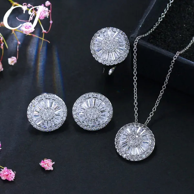 CANDICE Sparkling CZ Stone White Gold Plated 4pcs Wedding Jewelry Sets Round Pendant Necklace Earrings Bracelet Ring Prom Set For Brides