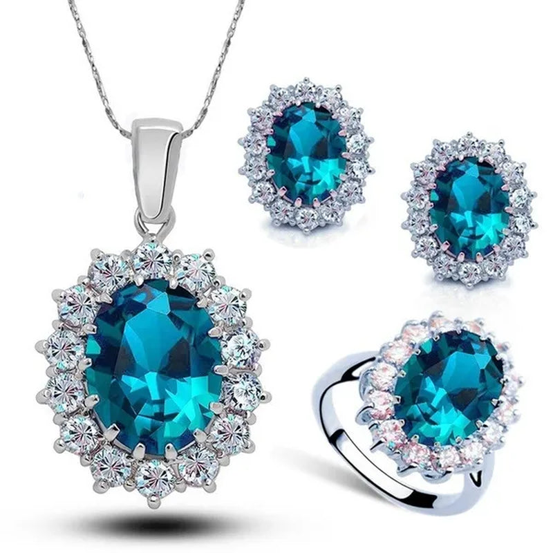 Fashion Natural 925 Silver Sapphire Ring Earring Necklace Set Ladies High-End Crystal Diamond Three-Piece Set Women'S Wedding Jewelry Party Gift Europe and America