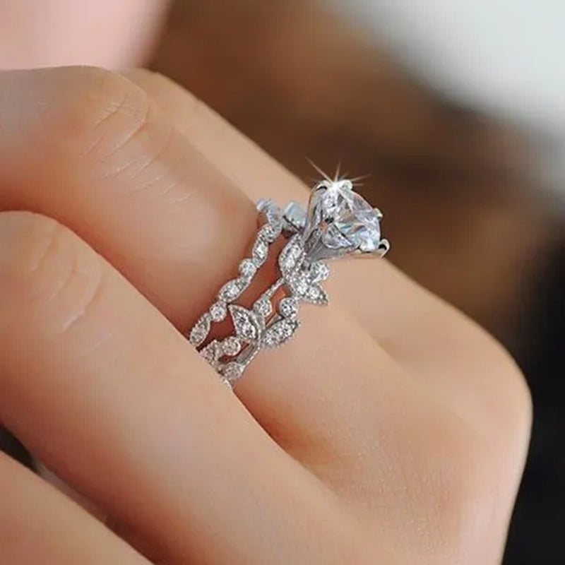 Sterling Silver Women's CZ Vintage Antique Style Engagement Ring Wedding Band Set 5-10