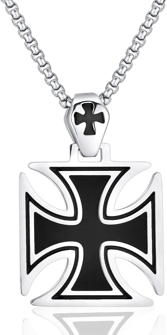 Stainless Steel Templar Knight Cross Pendant Biker Mens Womens Necklace 24Inch Chain Silver