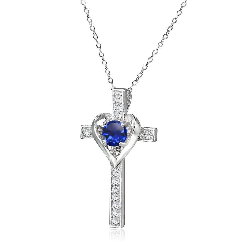 Sterling Silver Created Blue Sapphire and White Topaz Heart Cross Birthstone Pendant Necklace