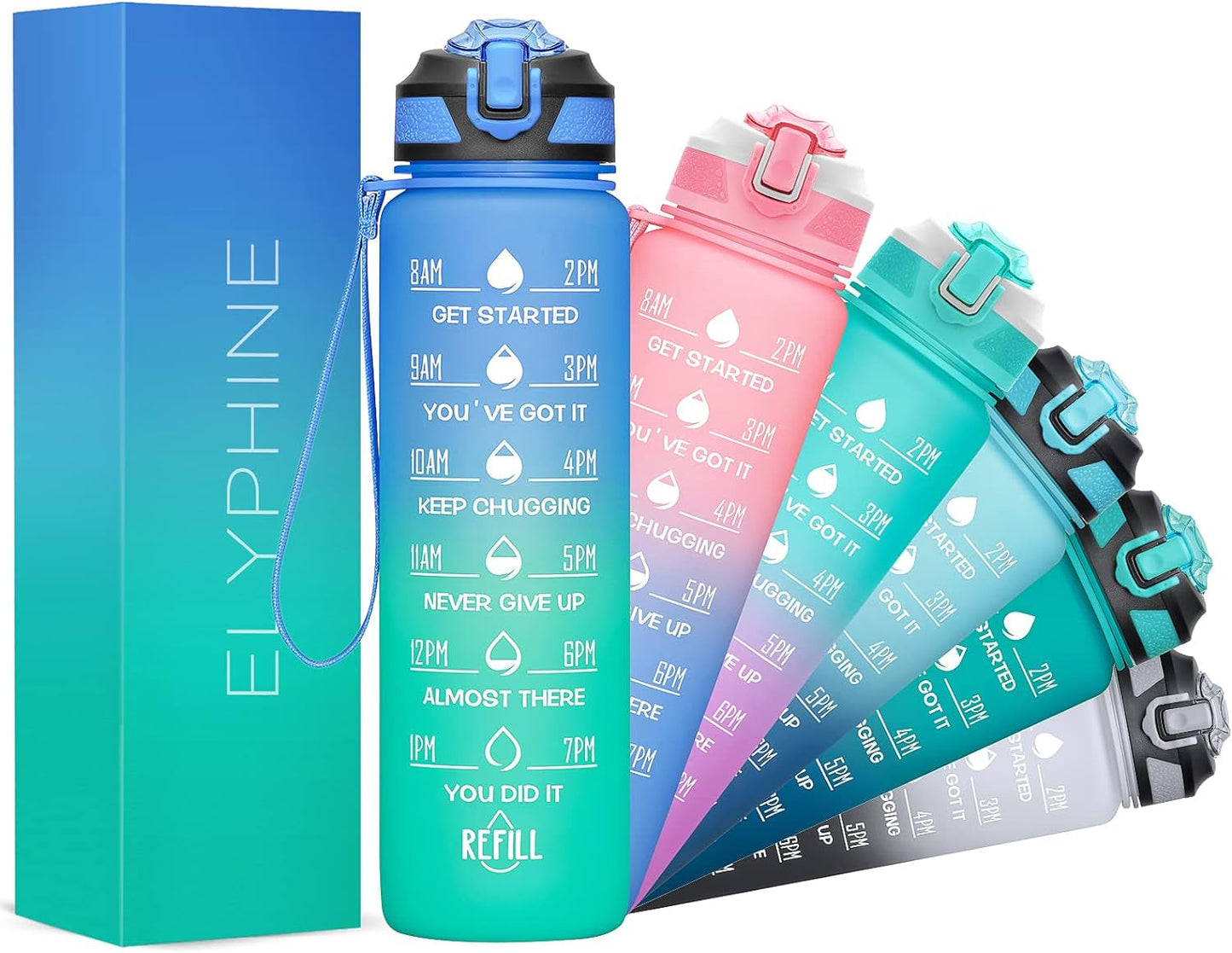 32/24 Oz Water Bottles with Removable Straw & Time Marker, Motivational Sports Bottles with BPA Free Tritan Material, Leakproof Water Jug for Fitness