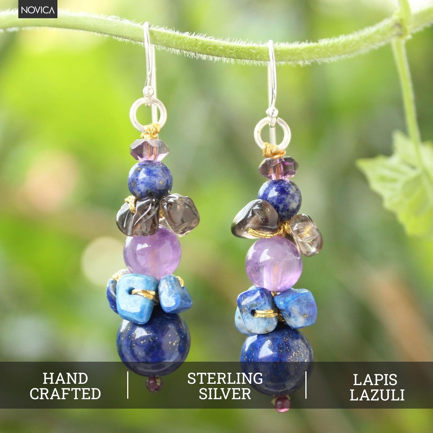 Artisan Handcrafted Lapis Lazuli Amethyst Beaded Earrings | Quartz Earrings Dangling | Multicolor Long Earrings | Natural Gemstone Earrings | Chalcedony Earrings for Women | Thailand