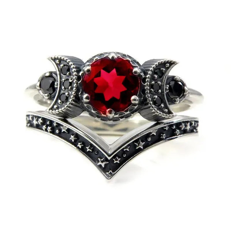 Hecate Triple Moon Ring Set Silver and Black Diamond Engagement Rings  Amethyst or Red Crystal Wedding Ring Unique Moon Goddess Rings for Women Fashion Jewelry Boho & Hippie & Gothic Anniversary Gift