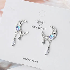 925 Sterling Silver Hollow Moon Zircon Tassel Dangle Earring Elegant Colorful Moonstone Earring for Women Jewelry