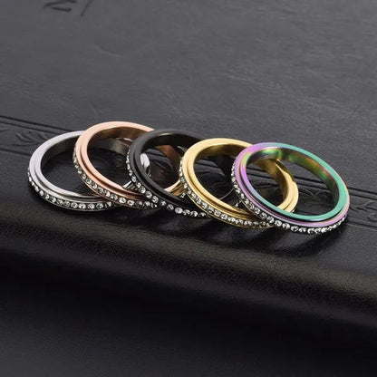 3mm Wide Titanium Steel Exquisite Thin Spinner Ring Inlay Single Row Rhinestones for Women Men Luxury Fashion Fine Stackable CZ Rings Engagement & Wedding Band Silver / Black / Gold / Multicolor / Rose Gold US Size 5-12