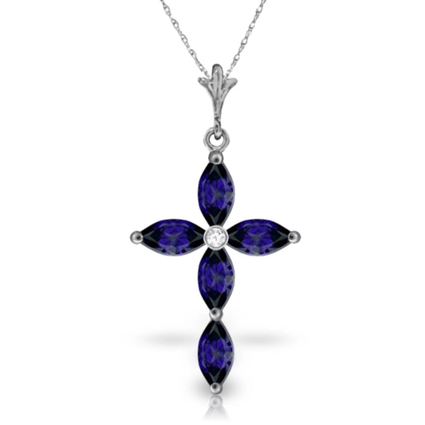 14K14" White Gold Genuine Diamond & Blue Sapphire Cross Pendant Necklace