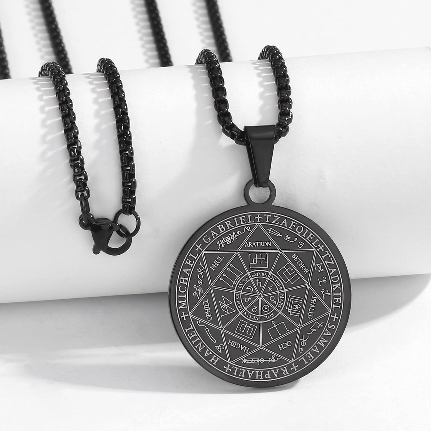 Seven Archangels Pendant Necklace for Men Women Protection Amulet Archangel Michael Coin Pendant Necklace Gabriel Uriel Spiritual Stainless Steel Medal Necklace 24 Inches