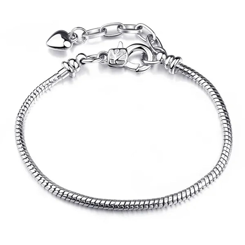 NEW Fashion 925 Sterling Silver White Flashing Double Sided Heart Snake Chain Bracelet for European Bangle Bracelet Jewelery Making DIY