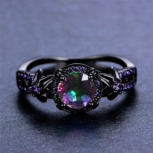 Bamas Mystic Rainbow Fire Topaz Flower Ring Purple Amethyst Black Gold color Jewelry Size 5-12 Bague Femme