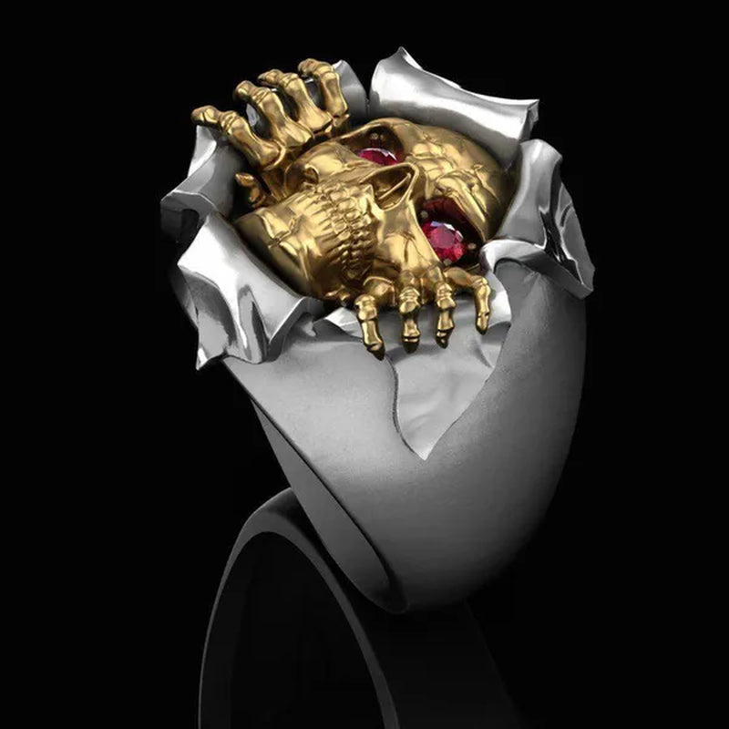 Unique Design Exquisite Men'S Two Tone Personality Jewelry Punk Gothic 316L Stainless Steel Silver & Gold Breaking Skull & Ruby Eyes Ring Engagement Wedding Band Jewellry Rings Size 6-13