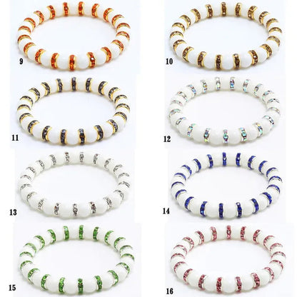 Natural Stone Pink Crystal Quartz &White Porcelain Rhinestones Bracelets & Bangles Charm Powder Beads Strand Bracelet Love Gifts for Women Men Casual Jewelry
