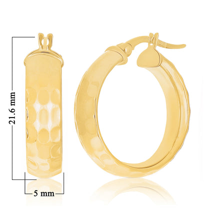Italian 14K Yellow Gold Polished Hammered Rounded Flat Medium Hoop Earrings