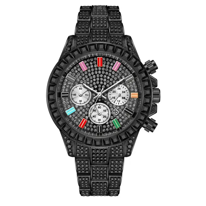 Men Watch Luxury Brand Mens Gold Men Watch Quartz Clock Chronograph Colorful Diamond Steel Iced Out Watch Reloj Hombre