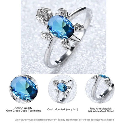 Rainbow Stone Turtle Rings Cute Animal Sea Turtle Ring White Sapphire Diamond Ring Ocean Style Turtle Aquamarine Crystals Rings for Women and Men Birthday Party Anniversary Gift Wedding Engagement Ring Jewelry 14 Colors Size 5-11