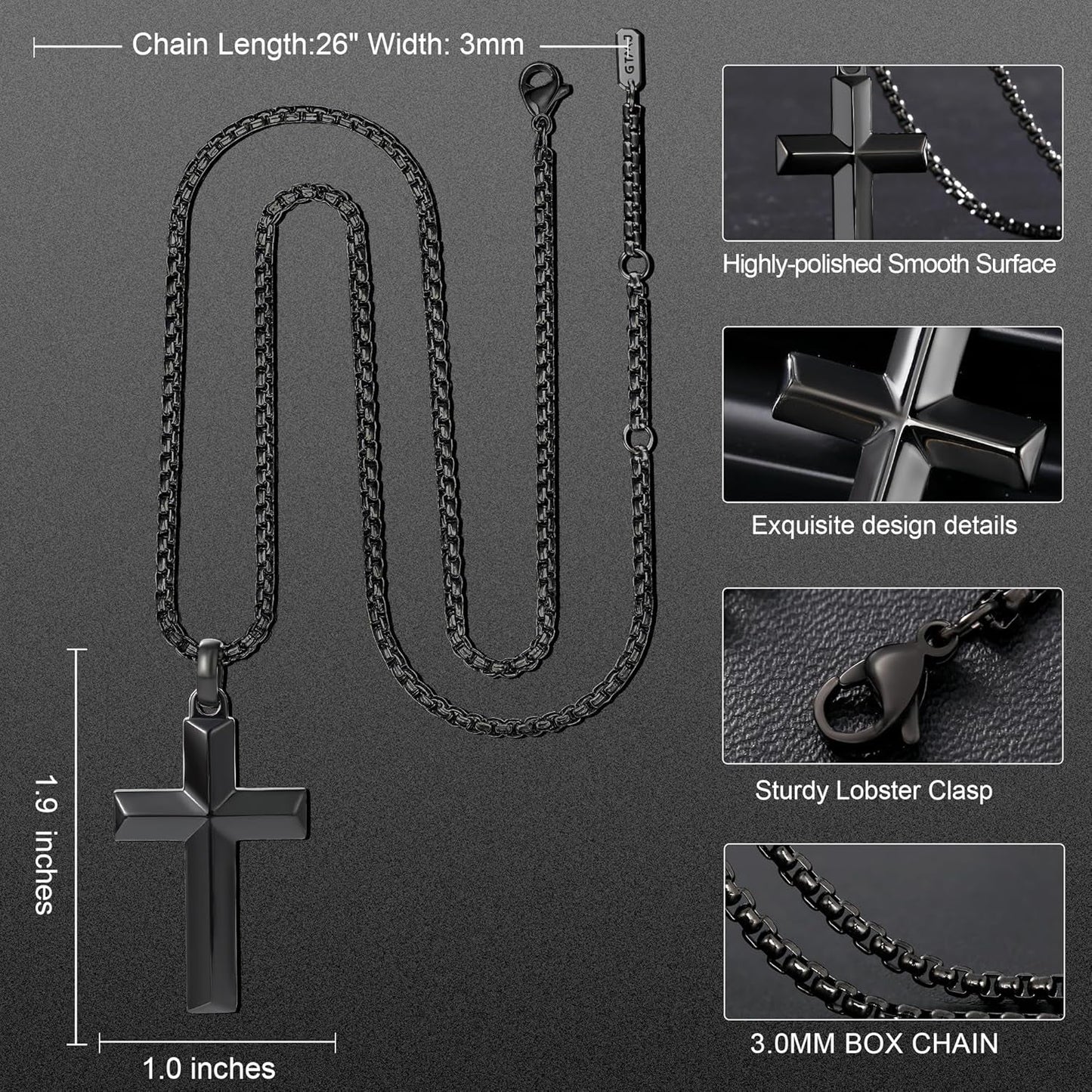 Cross Pendant for Men -18K Gold-Plated/Silver/Black Cross Necklace, Suitable for Men - Non Fading and 100% Waterproof Men'S Necklace, 24-26 Inch Box Adjustable Chain