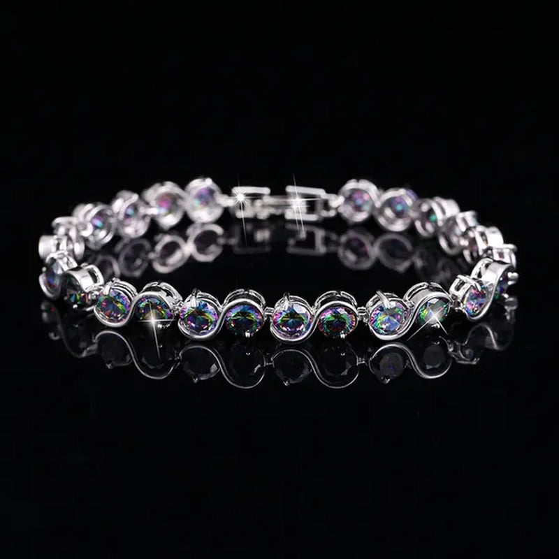Gloriya Perfect Round Cut Mystic Rainbow Crystal Bangle Bracelets for Cocktail Party Lady Fashion CZ Silver Plated Jewelry Gifts