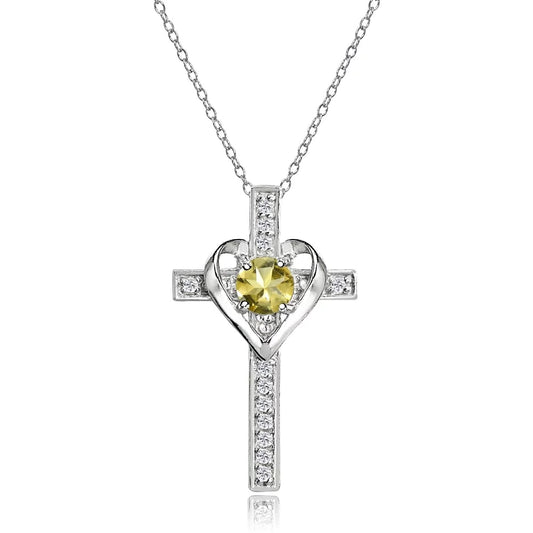 Sterling Silver Citrine and White Topaz Heart Cross Birthstone Pendant Necklace