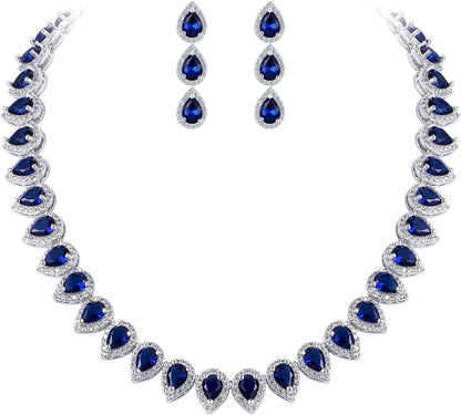 Women'S Silver-Tone Full Prong Cubic Zirconia Teardrop Bridal Necklace Earrings Set