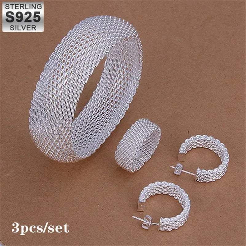 Charm 925 Sterling Silver Bangle Rings Earrings Bracelets Jewelry Set Hot Fine Weave Net Fashion Party Gifts