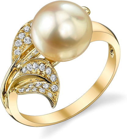 18K Gold 9-10Mm round Genuine Golden South Sea Cultured Pearl & Diamond Eva Ring for Women