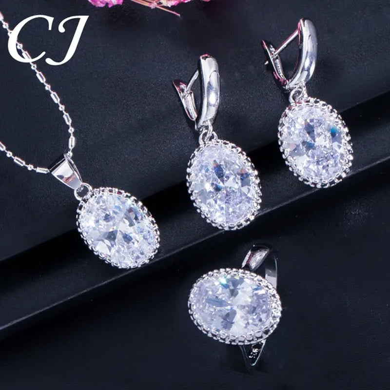 CANDICE Elegant Engagement Accessories Big Oval Cut CZ Stone Silver Necklace Earrings Ring for Bridal Wedding Bling Jewelry Set (US 6-9)