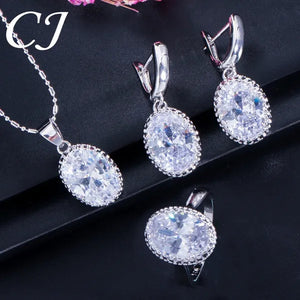 CANDICE Elegant Engagement Accessories Big Oval Cut CZ Stone Silver Necklace Earrings Ring for Bridal Wedding Bling Jewelry Set (US 6-9)