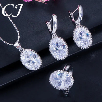 CANDICE Elegant Engagement Accessories Big Oval Cut CZ Stone Silver Necklace Earrings Ring for Bridal Wedding Bling Jewelry Set (US 6-9)