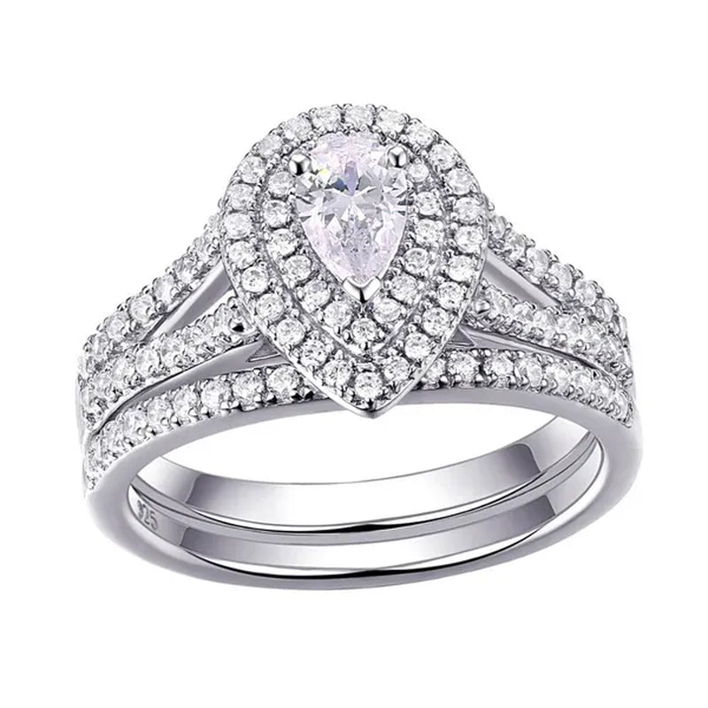 Newshe 2Pcs Wedding Ring Set Classic Jewelry Pear Shape 1.2 Carats AAAAA CZ 925 Sterling Silver Teardrop Engagement Rings for Women Size 5-12