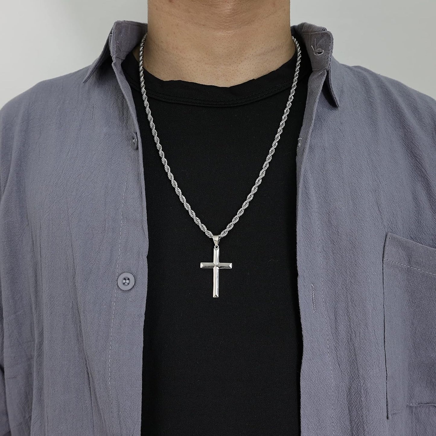925 Sterling Silver Cross Necklace for Men with 3.5Mm Stainless Steel Twist Clasp Rope Chain Necklace Beveled Edge Cross Pendant Necklace for Men Women 16-28 Inches