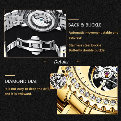 WOLF-CUB New Men Luxury Diamond Watch Full Gold Watch Tourbillon Mechanical Watch Automatic Watch Stainless Steel Waterproof Luminous Relogio Masculinos