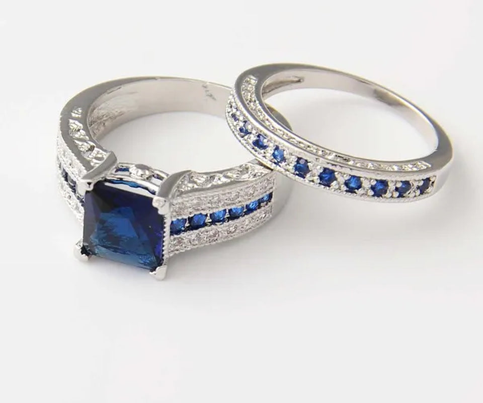 2pcs/sets 8mm Princess Cut Blue Sapphire 925 Sterling Silver Wedding Gemstone Ring