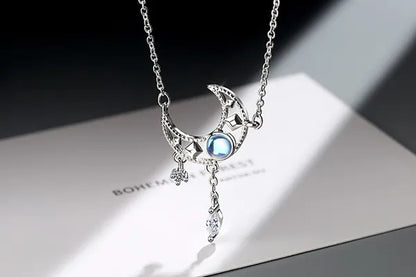 925 Sterling Silver Colorful Moonstone Clavicle Chain Necklace Silver Moon Zircon Tassel Necklace Jewelry For Women