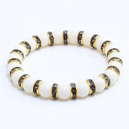 Natural Stone Pink Crystal Quartz &White Porcelain Rhinestones Bracelets & Bangles Charm Powder Beads Strand Bracelet Love Gifts for Women Men Casual Jewelry