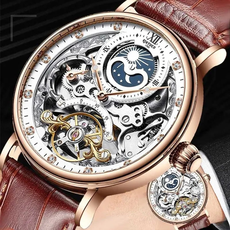 KINYUED Mechanical Automatic Watch Men Tourbillon Wristwatch Sports Clock Mechanism Self Winding Watches Casual Moon horloge man watches