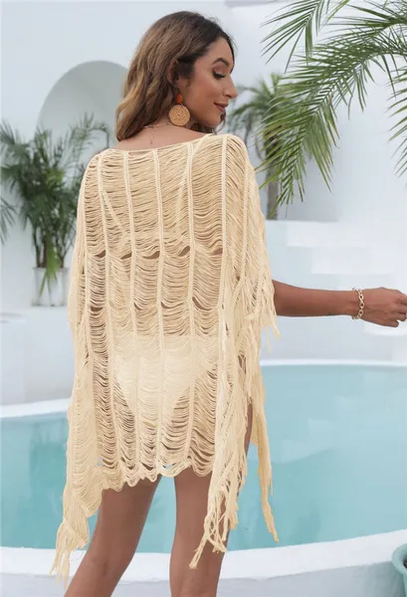 Fashion Women Summer Beach Bikini Cover up Hollow Out Knitted Tassel Sweater Dresses Swimwear Irregular Covers（7 Colors）