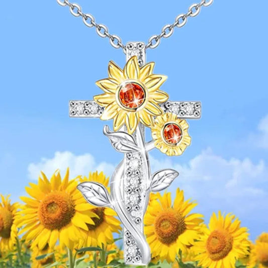 Exquisite Women'S Creative Cross Sunflower Necklace Diamond Cross Necklace Couple Jewelry Luxury Diamond Pendant Necklaces for Women Wedding Banquet Birthday Anniversary Gift